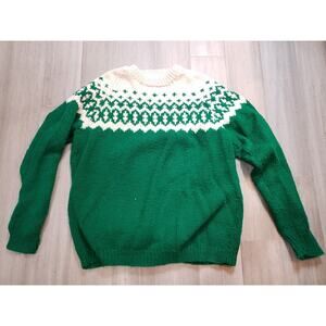 Vintage Handmade Knit Green & White Sweater Medium